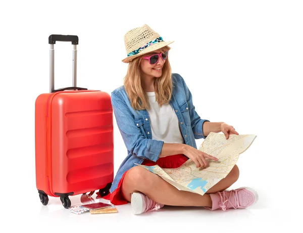 Cheerful Casual Woman Suitcase White Background — Zdjęcie stockowe