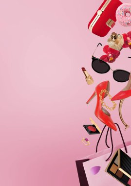 Pembe arka planda uçan kadın aksesuarları