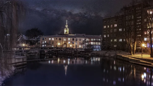 Spremberg Bei Nacht Der Spree Stadtmhlenwehr — Stock Photo, Image