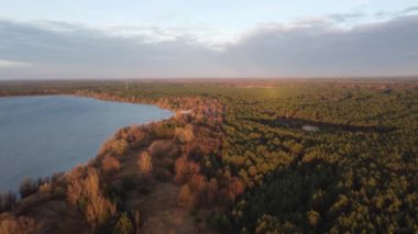Sonbaharda bir ormanın ve gölün hava aracı görüntüsü