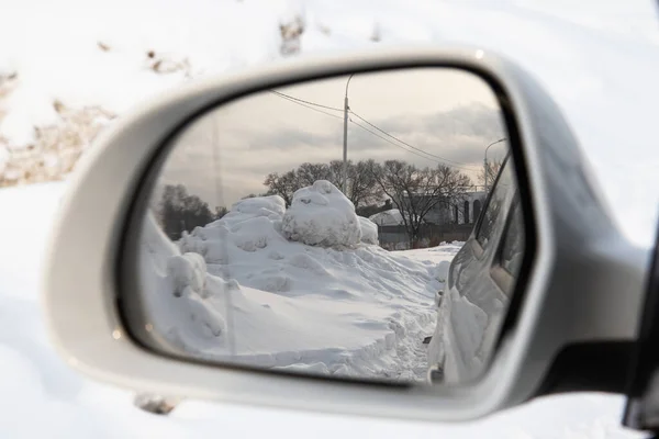 Snöiga Och Magiska Arktiska Landskap Bil Spegeln — Stockfoto