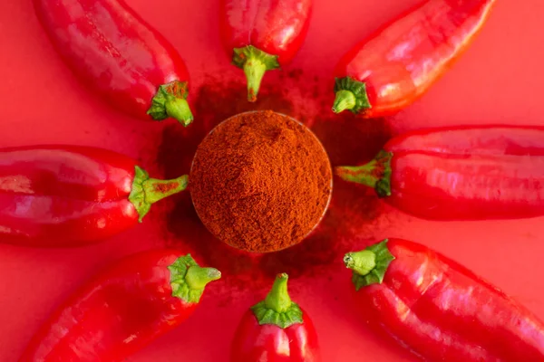 Röd Chilipeppar Med Chilipulver — Stockfoto