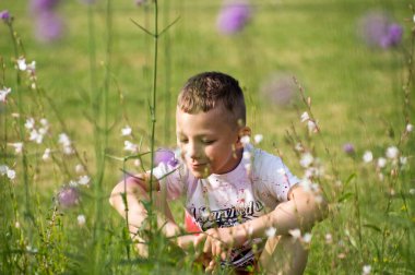 Çayırda oynayan küçük çocuk