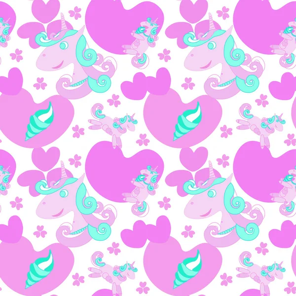 Pembe tek boynuzlu atların kusursuz deseni. Dondurma yiyor, gülümsüyor, mutlu bir şekilde zıplıyor. Beyaz arka planda, dijital, tekstil, kağıt ve plastik üretiminde kullanım için. Çocuklar ve oyuncaklar için