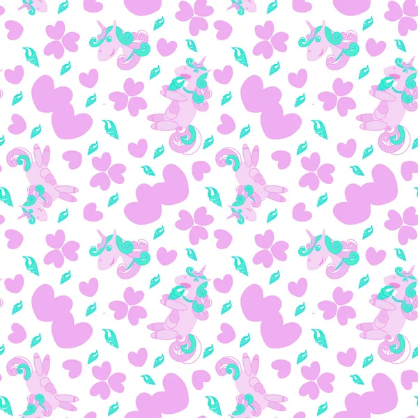 Seamless unicorn pattern. Eats ice cream, smiles, jumps. White background, for use in textile, paper, plastic production.For children.