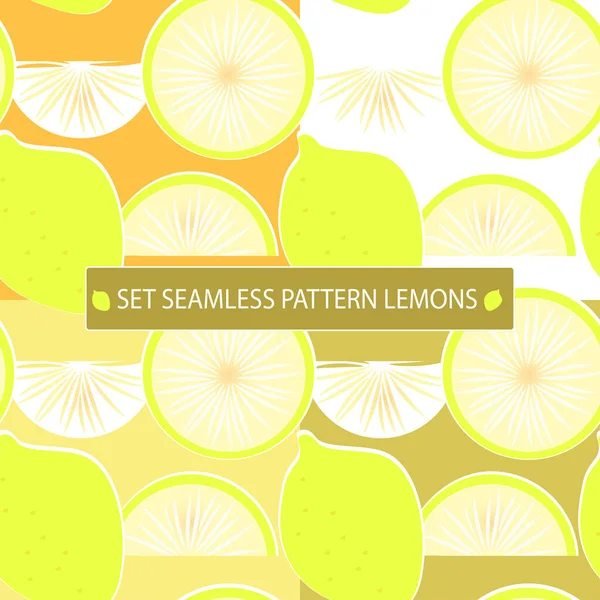  Set of yellow lemons seamless patterns. On a yellow, white, light brown, light orange background. Whole fruit, round lobes and halves. For use in modern design in textile, paper, plastic,web production