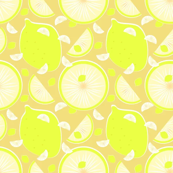 Seamless Patterns Yellow Lemons Light Brown Background Whole Fruit Lobes — Stockvektor