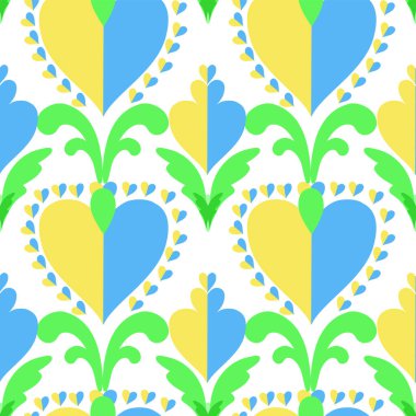 Ukrayna 'nın çiçekli kalbi kusursuz desen. Beyaz bir arka planda. Çiçek mavisi ve yeşil yapraklı sarı. Tebrik kartları için modern halk tarzı, kumaş, arkaplan, ambalaj kağıdı.