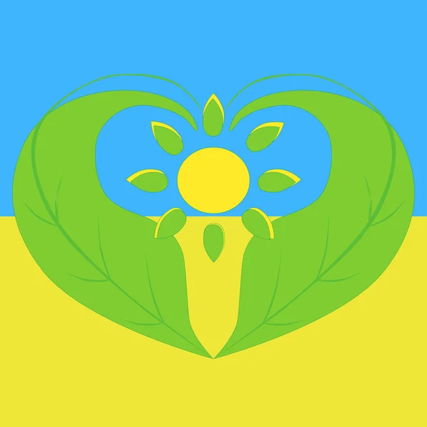 Kalp şeklinde yeşil yapraklar, güneş Ukrayna ulusunun refahının bir sembolü olarak ortasından doğar. Başarılı Ukrayna çizimi. Sarı mavi bayrak. Vatansever amaçlar için, kağıda, kumaşa, dijital forma baskı yapmak için.