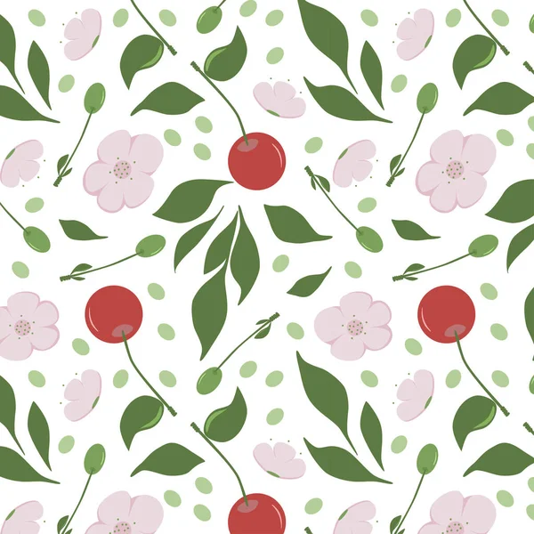 Kirazların, meyvelerin ve çiçeklerin pürüzsüz deseni. Kırmızı, yeşil dutlar. Tekstil, kağıt ve dijital ürünlerde kullanmak için. Yeşil yapraklar. Modern tasarım.