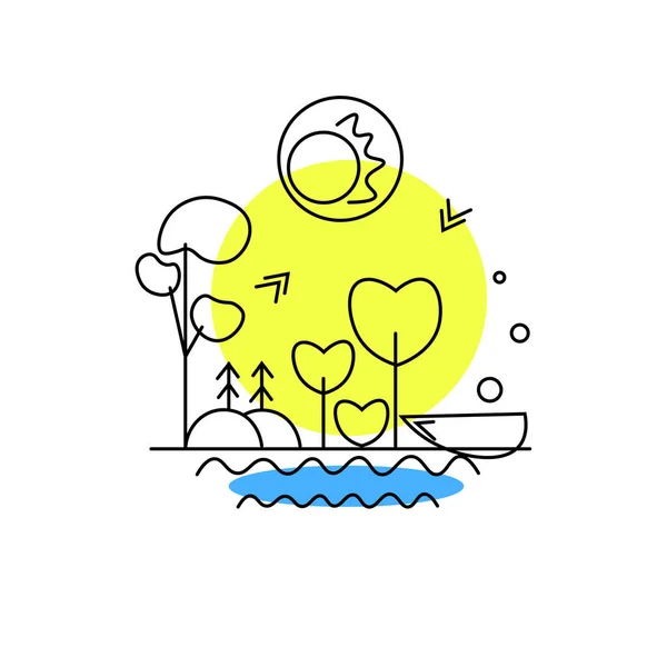 Doğa ana hat vektörü. Dijital baskı için, tekne gezginleri bekliyor. Ağaçlar oksijen üretir. Güneş aşkla parlıyor. Kuşlar uçar ve şarkı söyler. Su güneşte parlıyor. Doğal bitki örtüsü ve bitki örtüsü. Dijital baskı için.