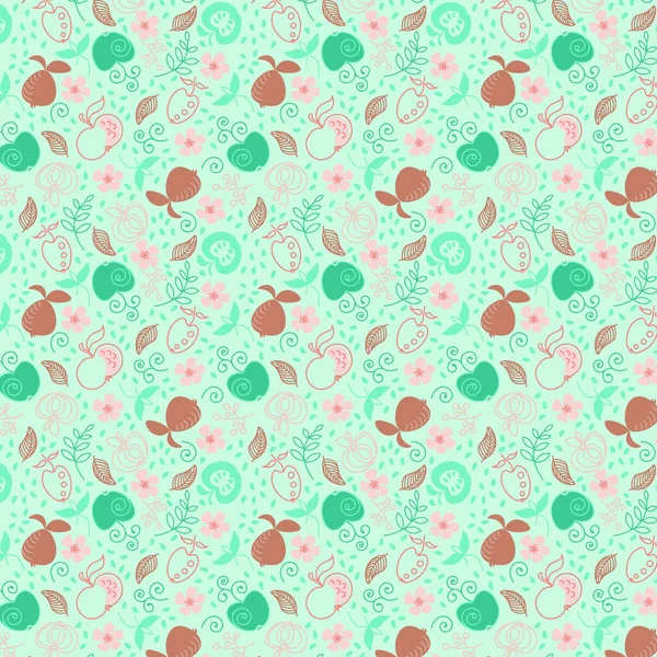 Kusursuz vektör deseni. Yeşil, kahverengi, çizgili ve dolgulu pembe elmalar. Elma havası. Çiçekler. Yapraklar. Dijital kullanım için. Yeşil bir arka planda. Kağıt ve kumaş üzerine baskı yapmak için. Modern tasarım için. Dijital eşyalar.