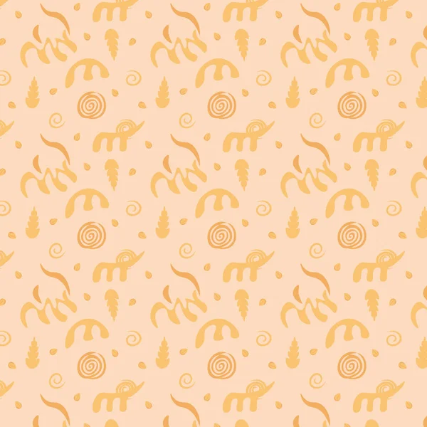 Scythian dikişsiz desen. Buğday obstraktni. Vektör, kulak, tahıl, gövde, spiraller. Turuncu-kahverengi arka planda. Tekstil, kağıt ve plastik endüstrisinde kullanmak için. Modern tasarım. Çocuk kıyafetleri için..
