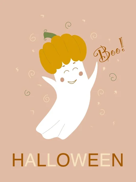 Egy Poszter Egy Szellemmel Halloween Ünnep Egy Narancs Tök Fején — Stock Fotó