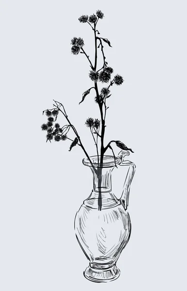 Dessin Vectoriel Fleurs Sauvages Sèches Dans Vase Verre Vintage — Image vectorielle