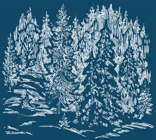 Vektor Akvarell Pensel Ritning Vinterlandskap Med Frusen Granskog Kall Snöig — Stock vektor