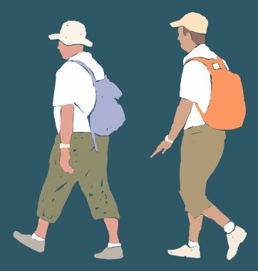 Yaz tatilinde sırt çantalı iki erkek turistin vektör çizimleri.