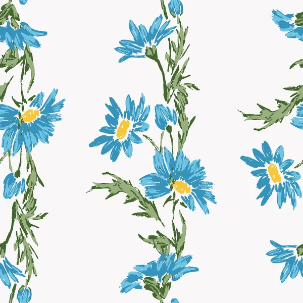 Modèle Sans Couture Dessins Pinceau Texturés Marguerites Jardin Bleu — Image vectorielle