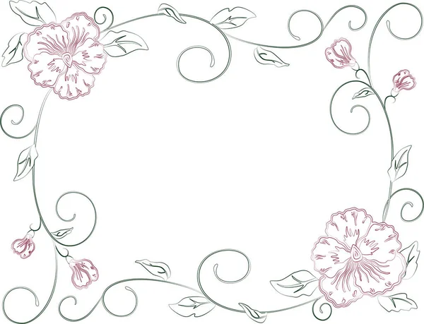 Dibujo Contorno Vectorial Marco Floral Decorativo Delicadas Flores Con Brotes — Vector de stock