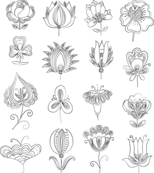 Dibujos Del Doodle Del Contorno Vectorial Del Sistema Varias Flores — Archivo Imágenes Vectoriales