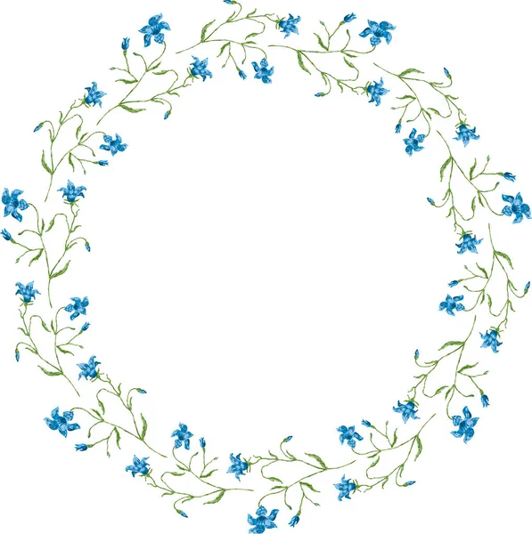 Vector Decoratieve Bloemenkrans Van Getrokken Blauwe Delicate Bluebells — Stockvector