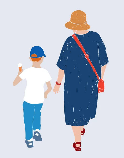 夏の日に一緒に通りに沿って一緒に歩いてアイスクリームと彼の祖母と男の子のベクトル描画 — ストックベクタ