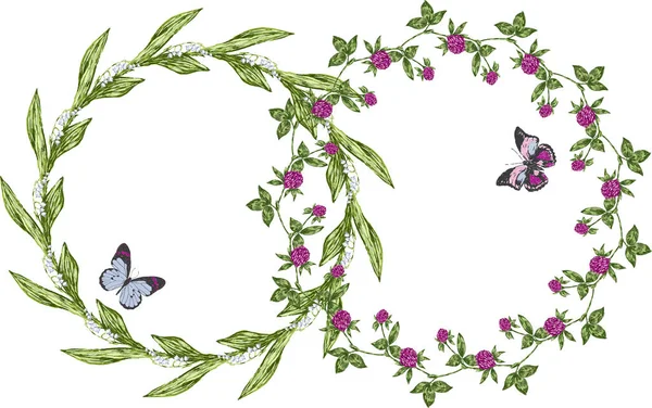 Vadideki Beyaz Zambakların Uçan Kelebekli Mor Yoncaların Çiçek Çelenklerinin Vektör — Stok Vektör