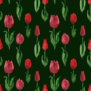 Çiçek açan kırmızı lalelerin suluboya çizimlerinden kusursuz desen 