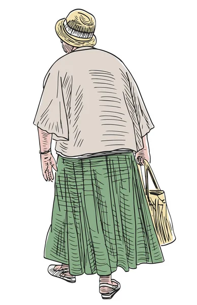 夏の日だけで屋外を歩くバッグ付き帽子の老婦人の手描き — ストックベクタ