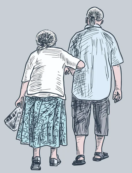 Dibujo Vectorial Los Cónyuges Viejos Caminando Aire Libre Juntos Día — Archivo Imágenes Vectoriales