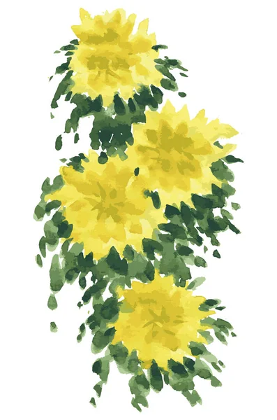 Aquarelle Dessin Vectoriel Fleurs Jaunes Abstraites Avec Des Feuilles Vertes — Image vectorielle