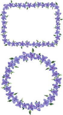 Decorative floral borders from watercolor abstract lilac flowers and green leaves