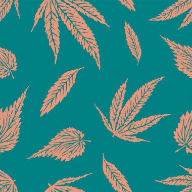Seamless background of silhouettes drawn leaves different plants