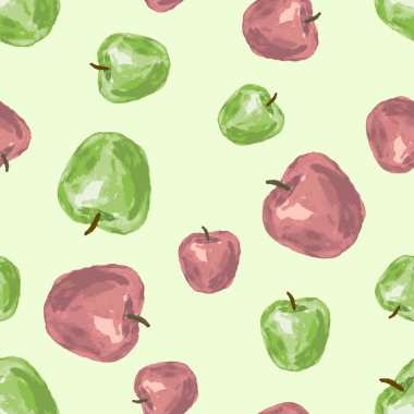 Seamless background of watercolor drawings of ripe red and green apples