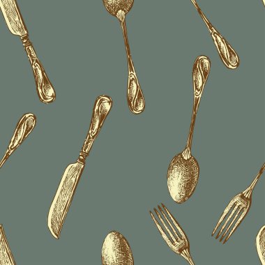 Seamless pattern of drawn golden vintage forks, spoons and knives