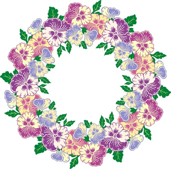 Decorative Vector Wreath Colorful Pansy Flower Heads Green Leaves — Image vectorielle