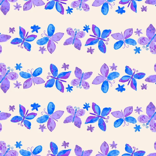Seamless Background Watercolor Drawings Flying Butterflies Daisies Rows — 스톡 벡터
