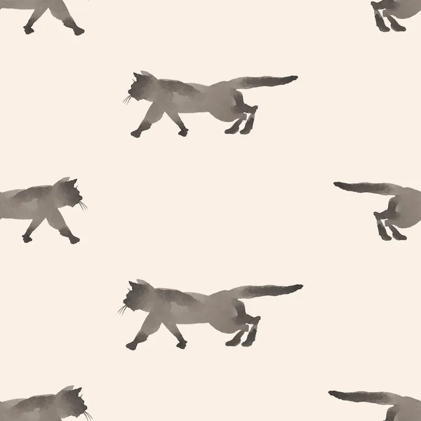 Seamless Background Watercolor Drawings Silhouettes Walking Domestic Siamese Cats — Stockvektor
