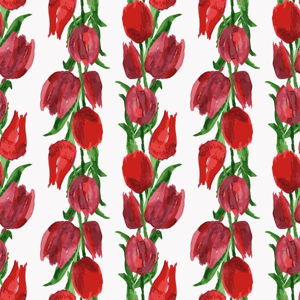 Seamless Background Watercolor Drawings Red Tulips Green Leaves Rows — 图库矢量图片