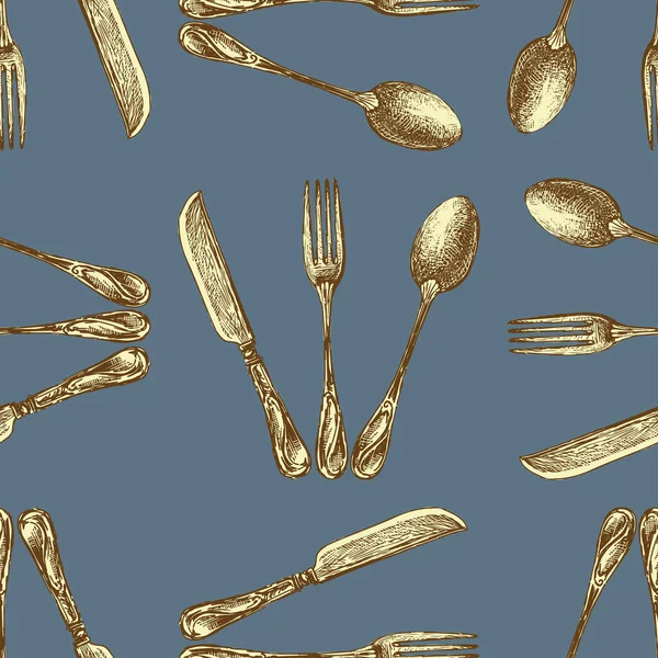 Seamless Background Drawn Golden Vintage Forks Spoons Knives — Stockvektor