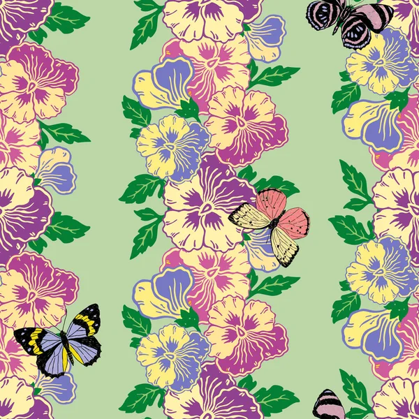 Seamless Pattern Colorful Pansy Flower Heads Butterflies — Vetor de Stock