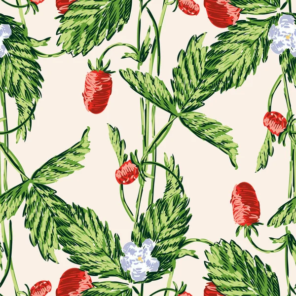 Seamless Pattern Sprigs Wild Strawberries Sketches — Stockvektor