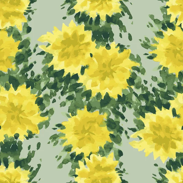 Seamless Pattern Watercolor Drawings Abstract Yellow Flowers Green Leaves — Stockvektor