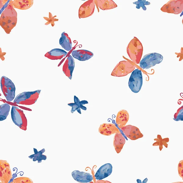 Seamless Pattern Watercolor Drawings Colorful Butterflies Daisies — Vetor de Stock