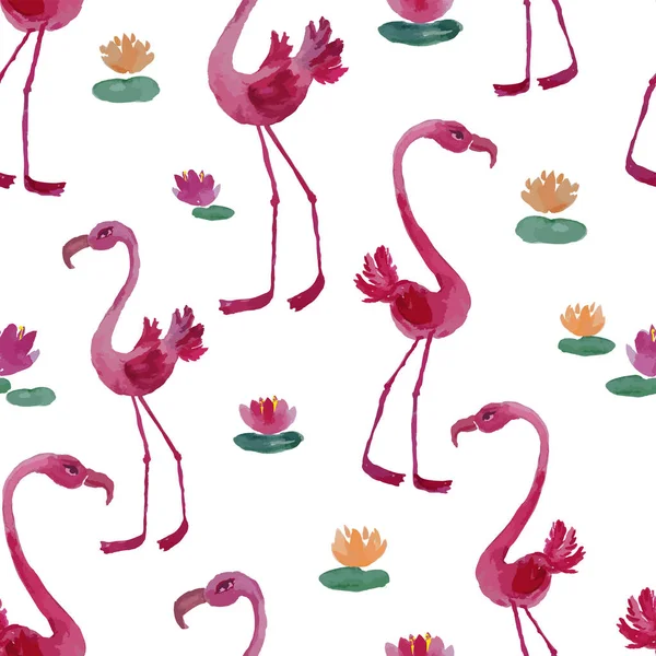 Seamless Pattern Watercolor Drawings Cartoon Pink Flamingos Water Lilies — Stockový vektor