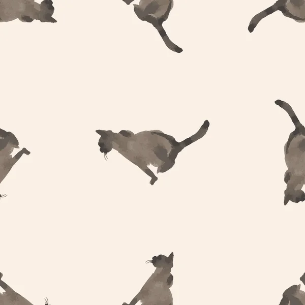 Seamless Pattern Watercolor Drawings Silhouettes Sitting Domestic Siamese Cats — стоковый вектор