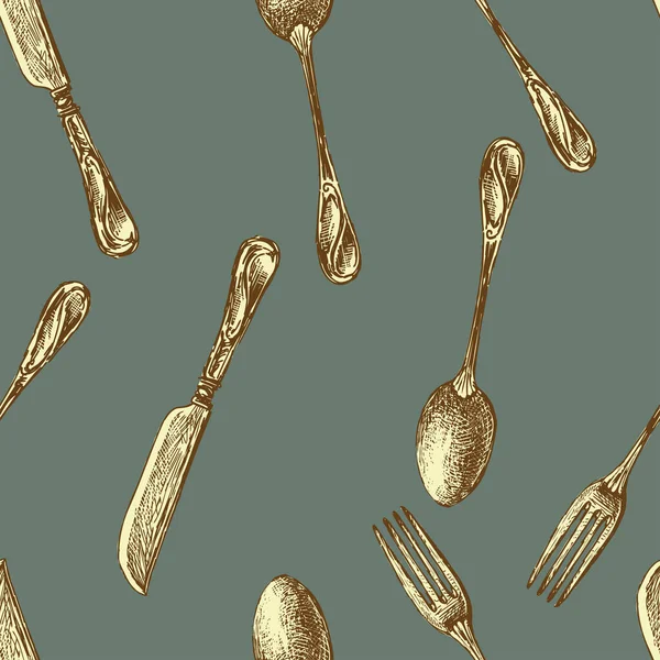 Seamless pattern of drawn golden vintage forks, spoons and knives