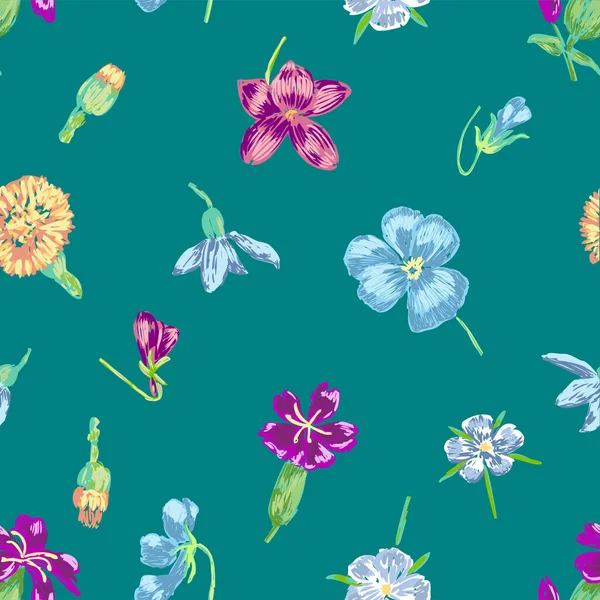 Seamless Pattern Various Colorful Blooming Flowers Heads — Vetor de Stock