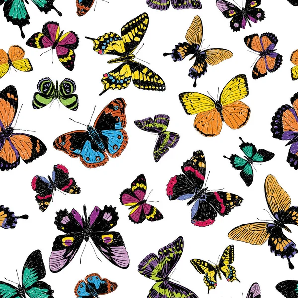 カラフルな空飛ぶ蝶を描いたバリオスの装飾のシームレスなパターン — ストックベクタ