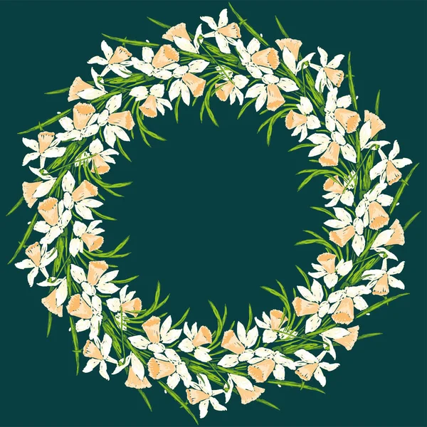 Vector Decorative Wreath Drawn Delicate Spring Daffodils — Wektor stockowy